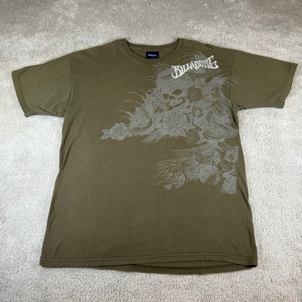 Vintage Billabong T-Shirt Mens Large Green Skull Rose Mermaid Graphic Tee Skater